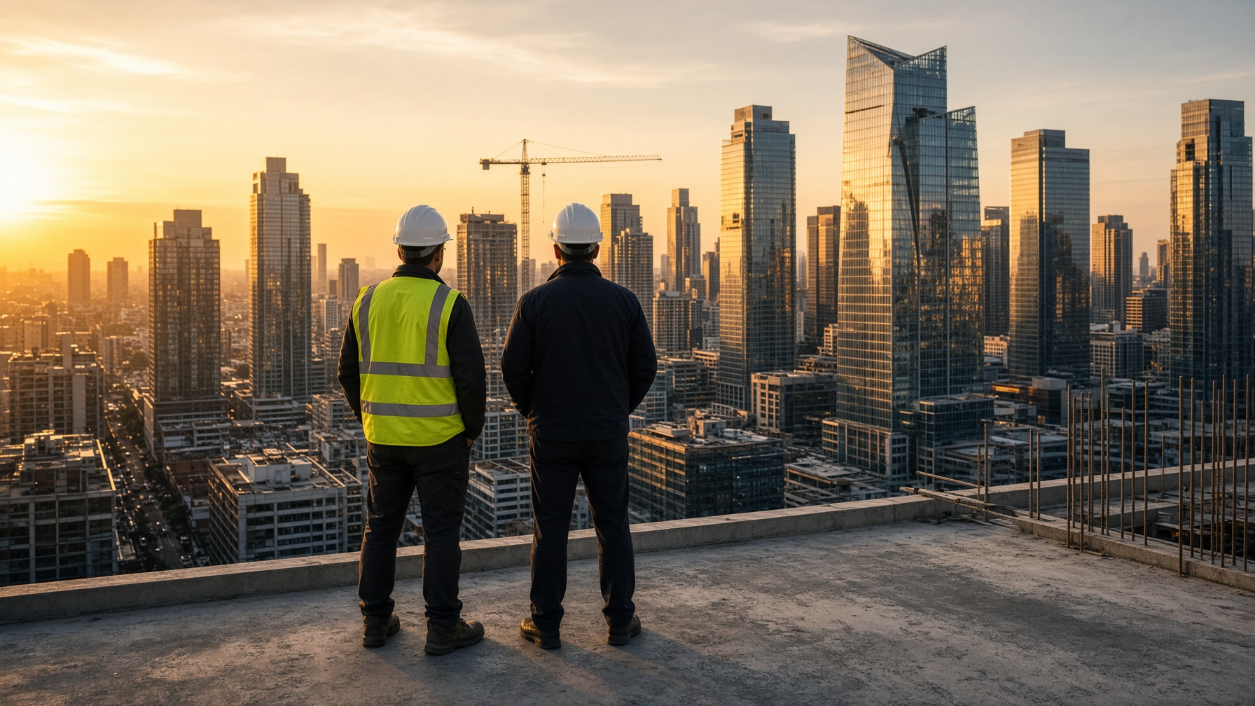 Two professionals on a high-rise deck at sunset, looking over the skyline